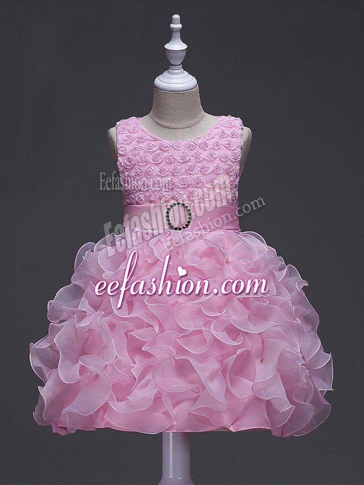 High End Knee Length Rose Pink Girls Pageant Dresses Scoop Sleeveless Lace Up