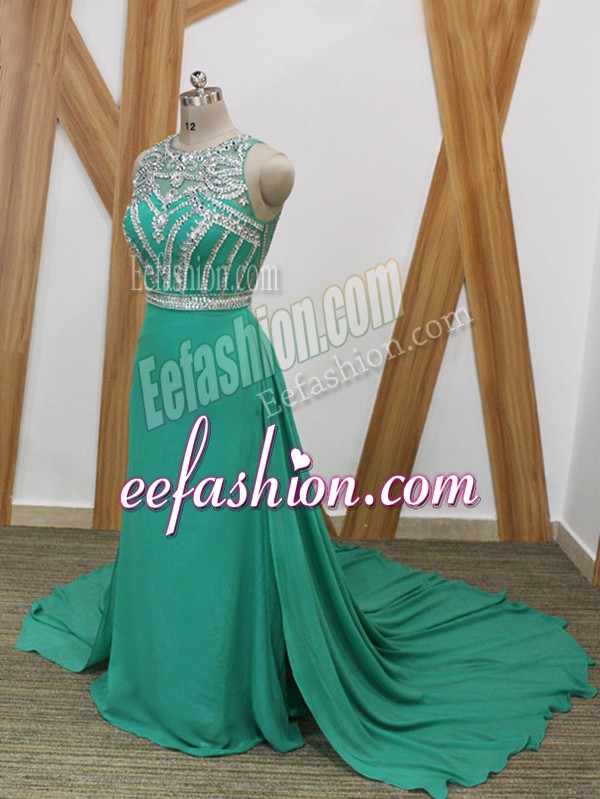 Elegant Turquoise Sleeveless Beading Side Zipper Prom Evening Gown
