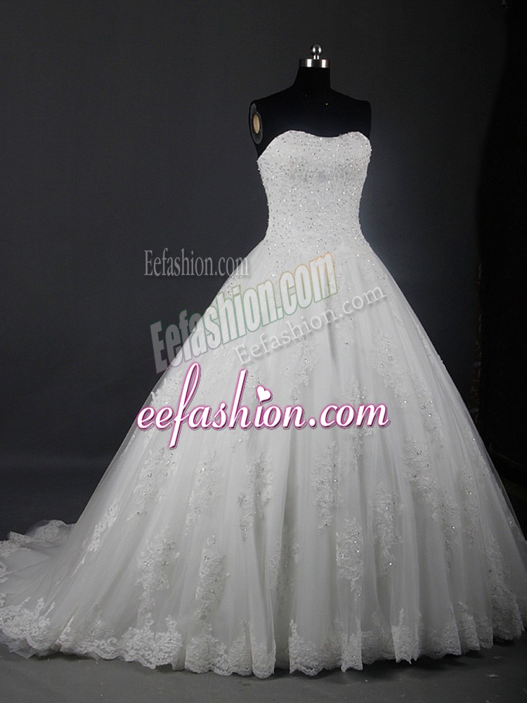Fabulous Brush Train Ball Gowns Wedding Dresses White Strapless Tulle Sleeveless Lace Up