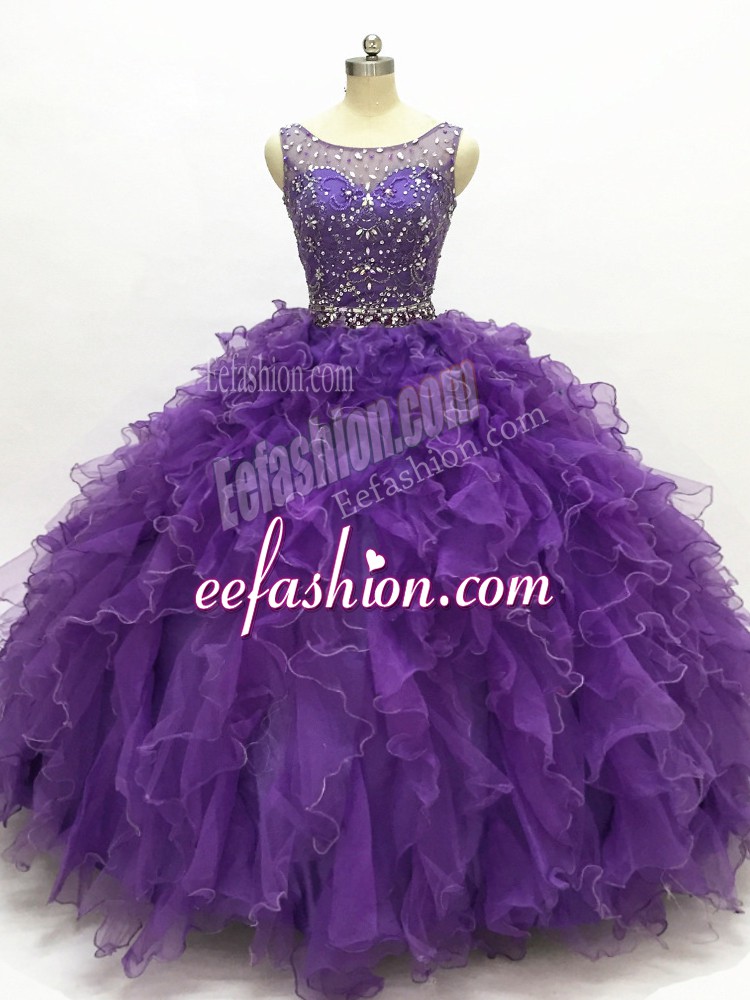  Scoop Sleeveless Organza Quinceanera Dress Beading and Ruffles Lace Up