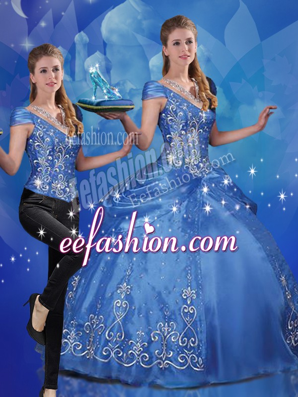 Excellent Blue Lace Up Sweet 16 Quinceanera Dress Beading and Embroidery Cap Sleeves Floor Length