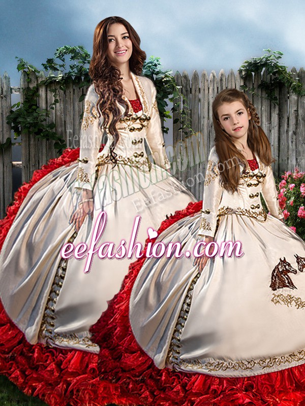 Attractive Embroidery and Ruffles Sweet 16 Dress White And Red Lace Up Long Sleeves Brush Train