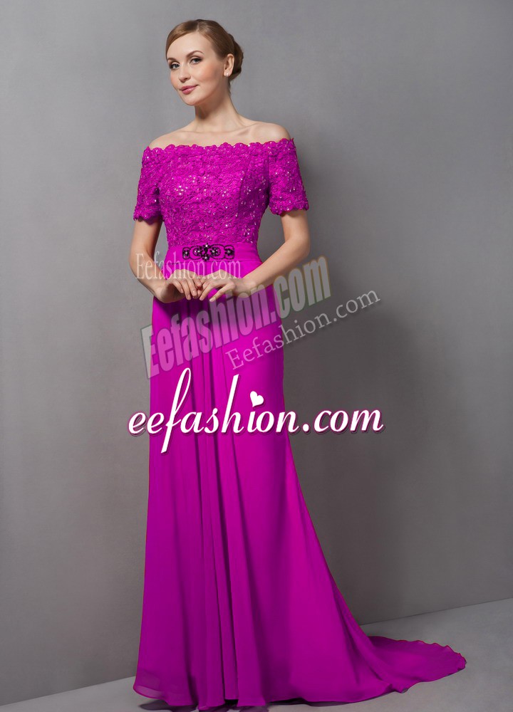 Lovely Short Sleeves Chiffon Sweep Train Zipper Mother Of The Bride Dress in Fuchsia with Lace