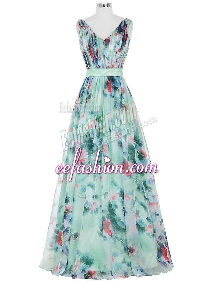  V-neck Sleeveless Evening Dress Floor Length Ruching and Belt Multi-color Printed
