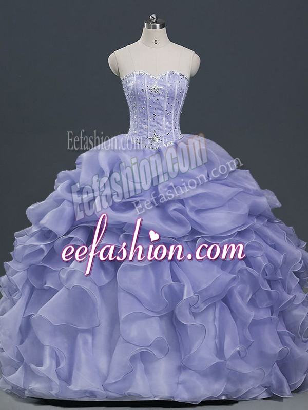  Lavender Organza Lace Up 15th Birthday Dress Sleeveless Floor Length Beading and Ruffles and Pick Ups