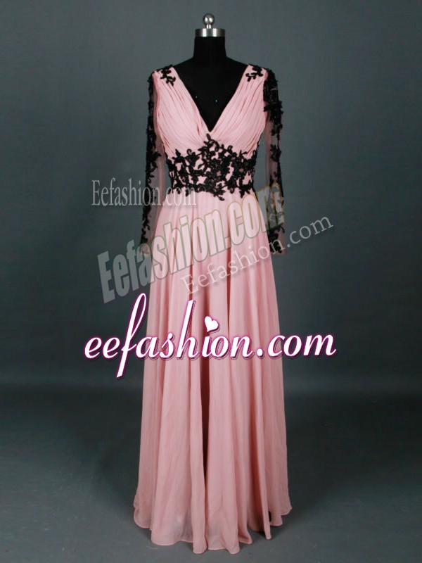 Smart Empire Mother Of The Bride Dress Pink V-neck Chiffon Long Sleeves Floor Length Zipper
