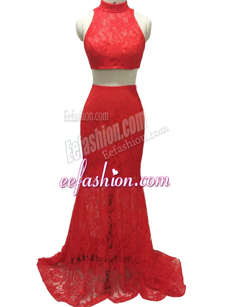 Artistic Red Halter Top Zipper Lace Prom Gown Brush Train Sleeveless