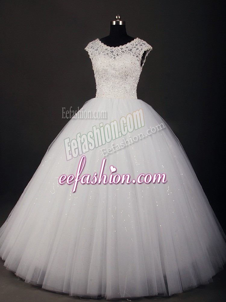 Flirting Sleeveless Tulle Floor Length Zipper Wedding Dress in White with Lace