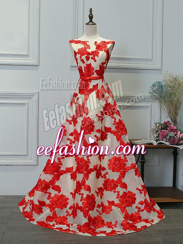 Pretty White And Red Prom Dress Prom and Sweet 16 and Quinceanera with Appliques Bateau Sleeveless Lace Up