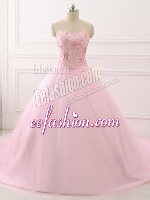 Baby Pink Ball Gowns Tulle Sweetheart Sleeveless Beading Lace Up Quinceanera Gown Brush Train