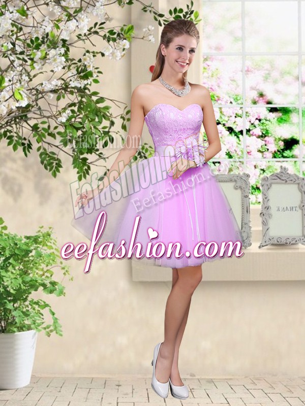 Fashion Lavender Sleeveless Knee Length Lace and Belt Lace Up Quinceanera Dama Dress
