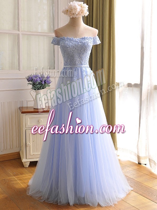 Sleeveless Lace Up Floor Length Appliques Dress for Prom