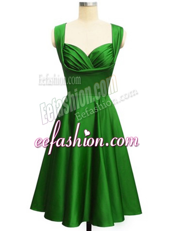 Unique Green Empire Straps Sleeveless Taffeta Knee Length Lace Up Ruching Bridesmaid Gown