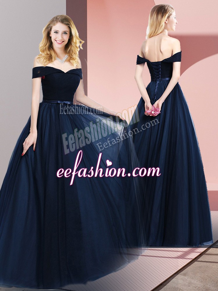 Dynamic Floor Length Navy Blue Military Ball Gown Off The Shoulder Sleeveless Lace Up