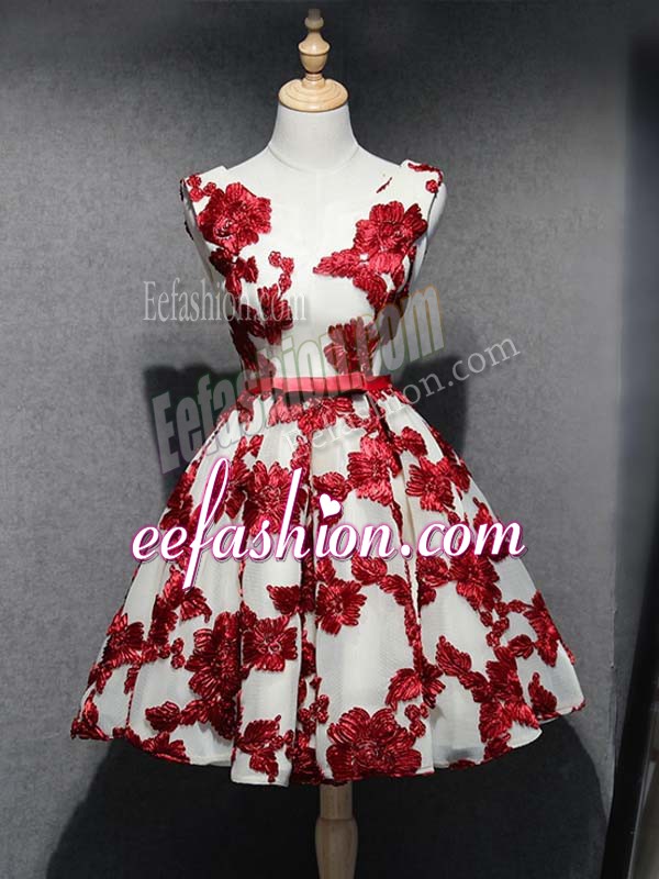  White And Red Lace Up Prom Dresses Lace and Appliques Sleeveless Mini Length