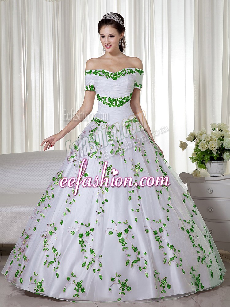 Cute White Organza Lace Up Off The Shoulder Short Sleeves Floor Length Quinceanera Gowns Embroidery