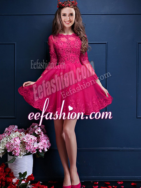 Delicate Scalloped 3 4 Length Sleeve Court Dresses for Sweet 16 Mini Length Beading and Lace and Appliques Hot Pink Chiffon