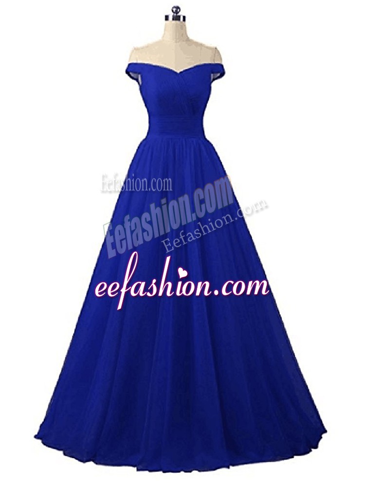 Eye-catching Royal Blue A-line Tulle Off The Shoulder Sleeveless Ruching Floor Length Lace Up Military Ball Dresses For Women