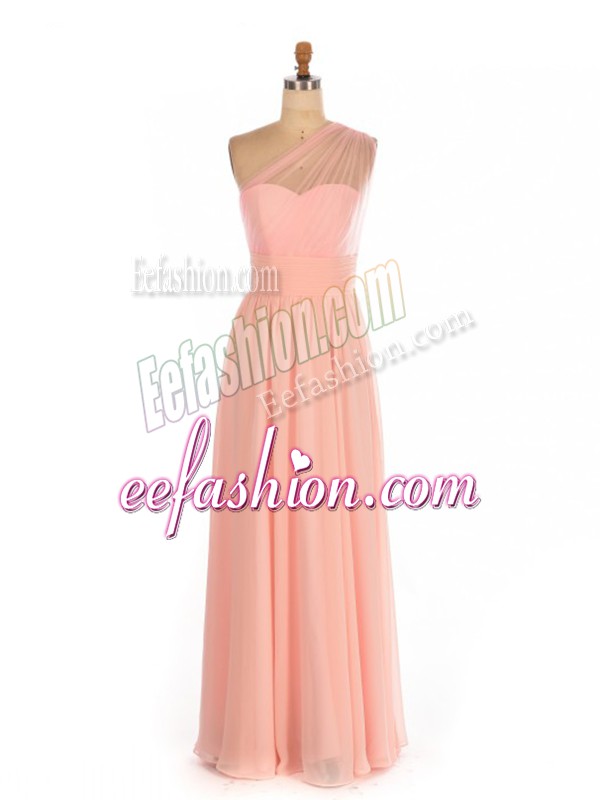 Lovely Peach Empire Ruching Wedding Guest Dresses Side Zipper Chiffon Sleeveless Floor Length