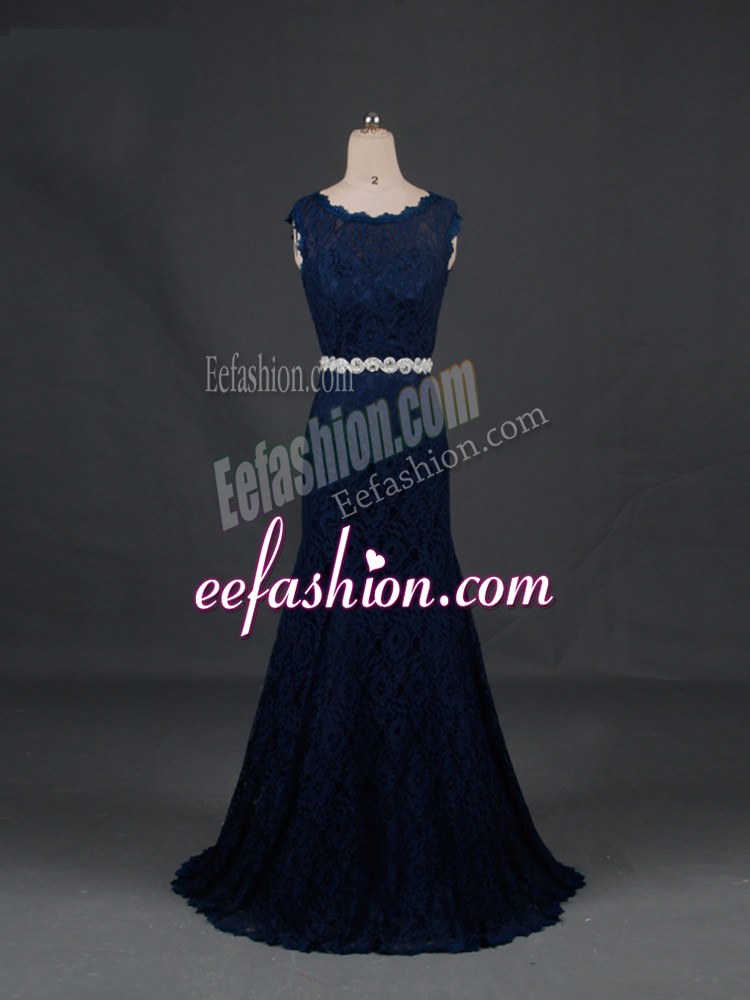  Sleeveless Floor Length Beading Backless Mother Of The Bride Dress with Navy Blue