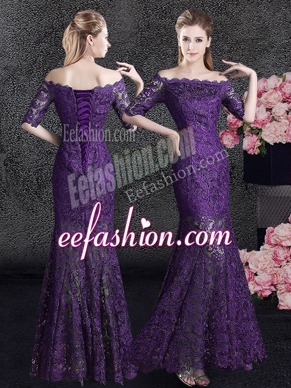  Mermaid Mother Of The Bride Dress Eggplant Purple Off The Shoulder Lace Half Sleeves Floor Length Lace Up