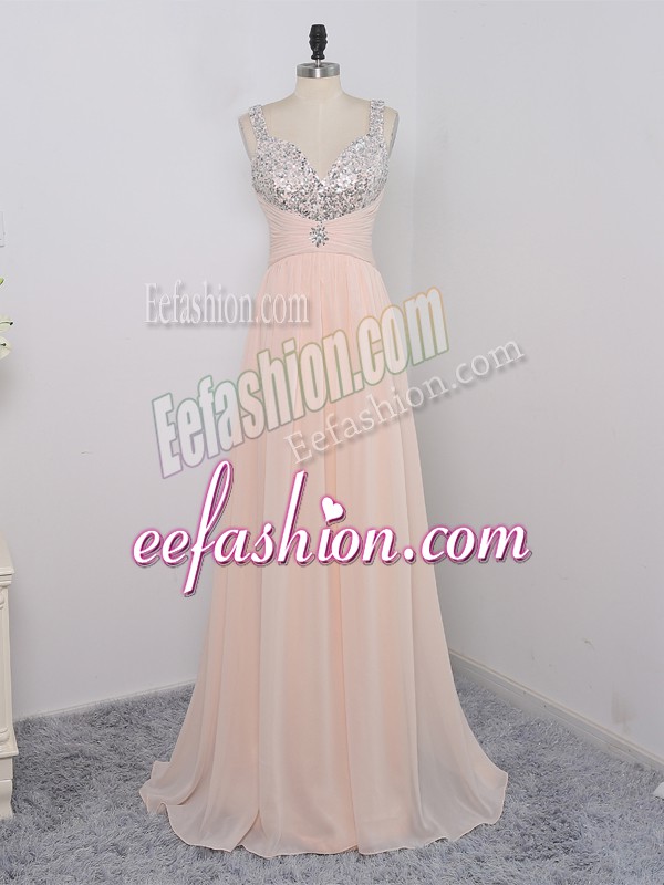 Stylish Chiffon Straps Sleeveless Zipper Sequins Prom Dress in Peach