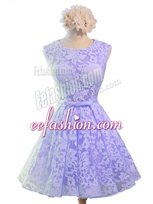 Ideal Scoop Sleeveless Lace Up Dama Dress for Quinceanera Lavender Lace