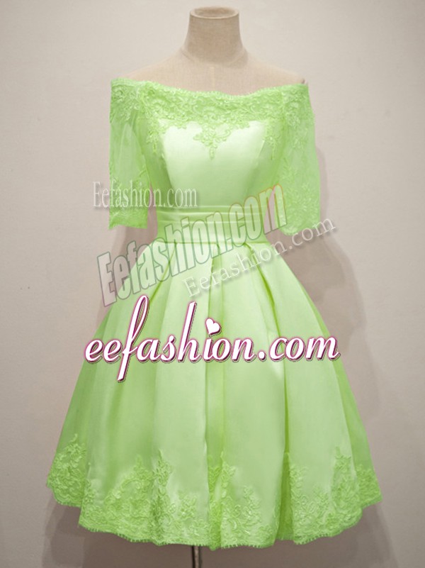 Clearance Yellow Green Half Sleeves Taffeta Lace Up Quinceanera Court of Honor Dress for Prom and Party and Wedding Party