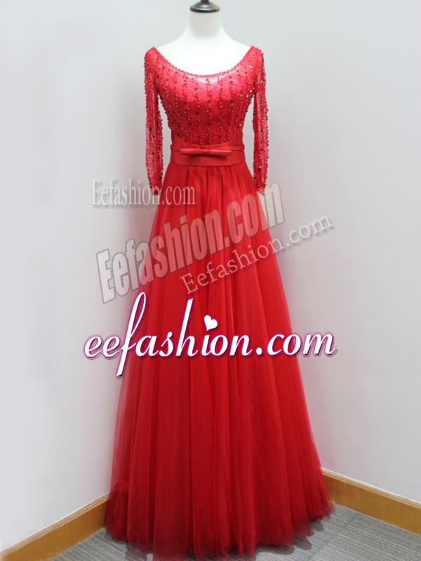 Spectacular Red Formal Evening Gowns Tulle Brush Train Long Sleeves Beading and Belt