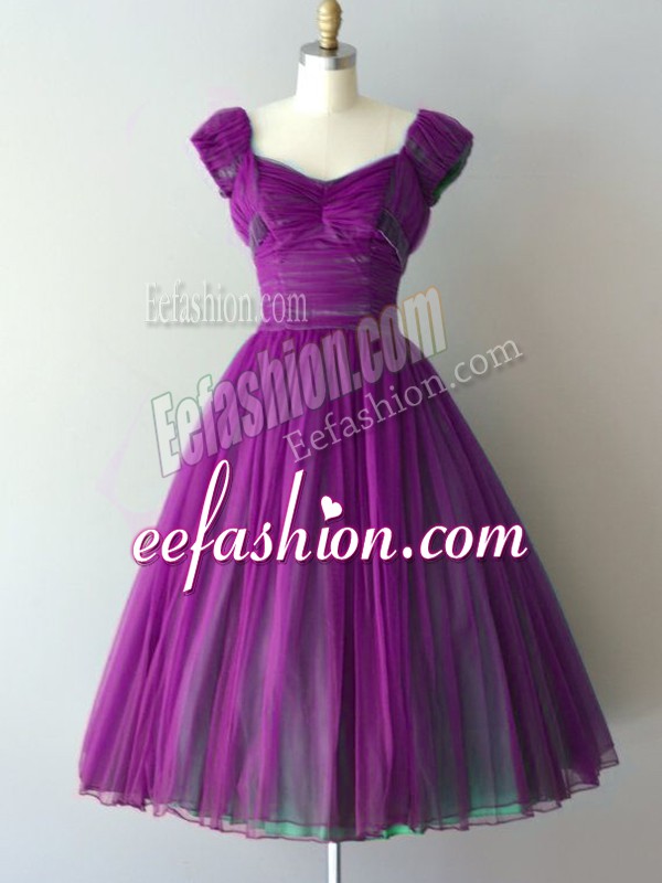 Purple V-neck Neckline Ruching Dama Dress for Quinceanera Cap Sleeves Lace Up