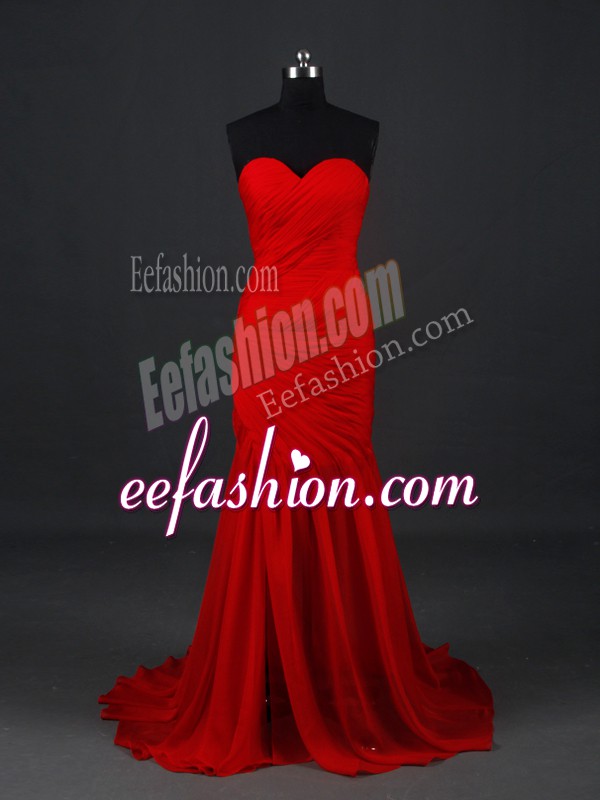 Stylish Mermaid Sleeveless Red Prom Evening Gown Brush Train Side Zipper