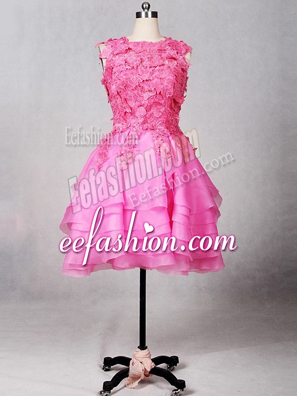  Rose Pink A-line Organza Scoop Sleeveless Lace and Appliques and Ruffled Layers Knee Length Zipper Ball Gown Prom Dress