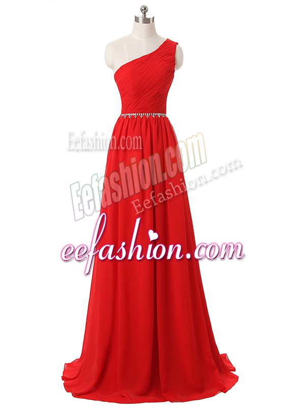 Ideal Sleeveless Chiffon Floor Length Side Zipper Quinceanera Court Dresses in Red with Beading and Ruching