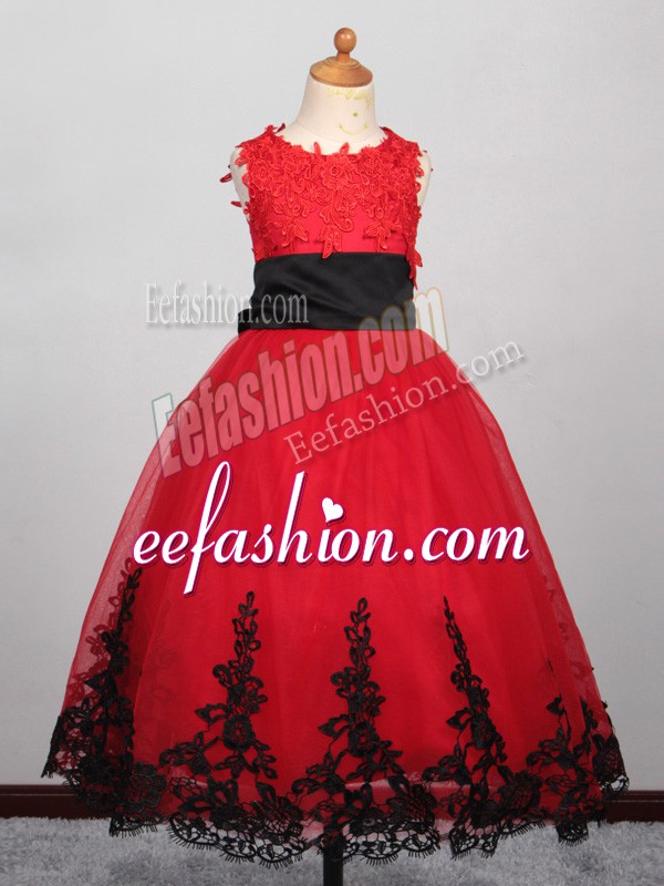  Red Tulle Lace Up Bateau Sleeveless Floor Length Flower Girl Dresses Appliques