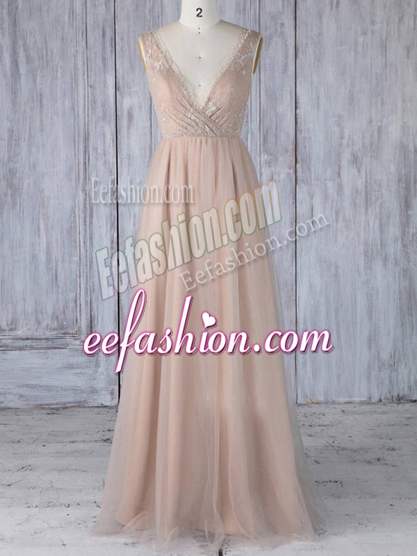  Floor Length Peach Bridesmaid Dresses V-neck Sleeveless Zipper
