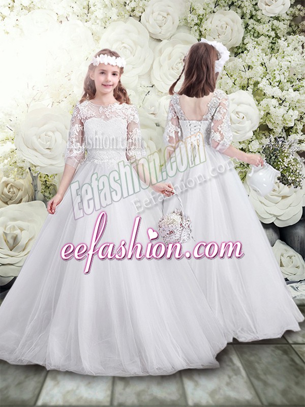  White A-line Tulle Scoop Half Sleeves Lace Floor Length Lace Up Flower Girl Dresses for Less