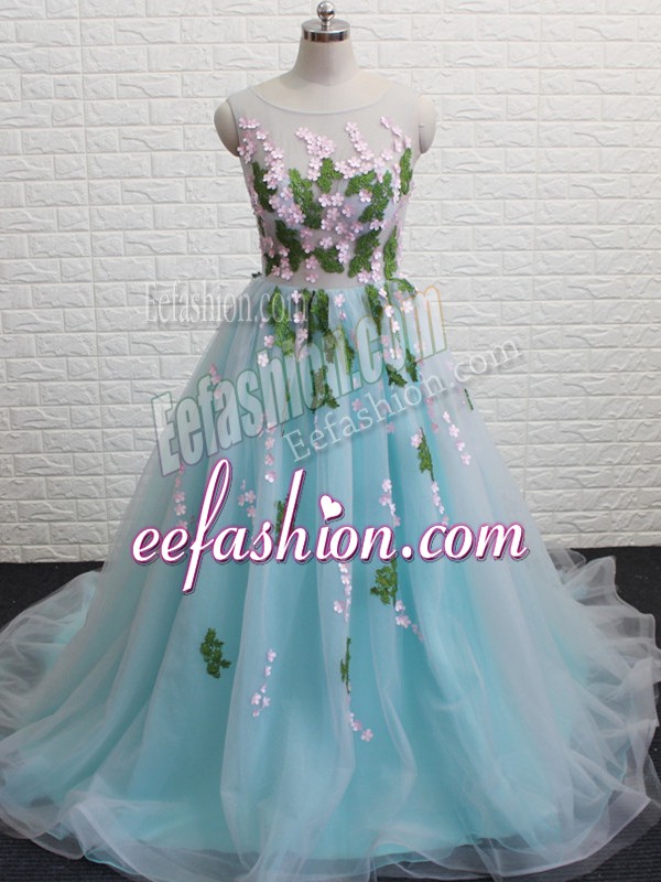 Excellent Backless Military Ball Dresses Aqua Blue for Prom and Party with Appliques Brush Train