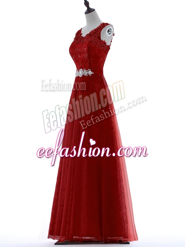  Red V-neck Zipper Beading and Lace Homecoming Dress Short Sleeves