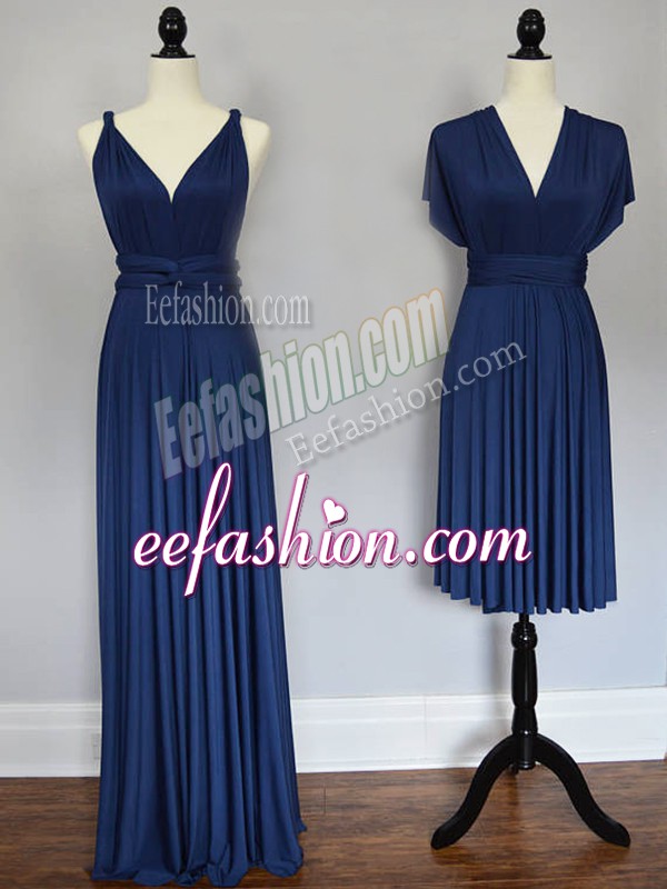  Navy Blue Empire Chiffon Straps Sleeveless Ruching Floor Length Lace Up Wedding Party Dress