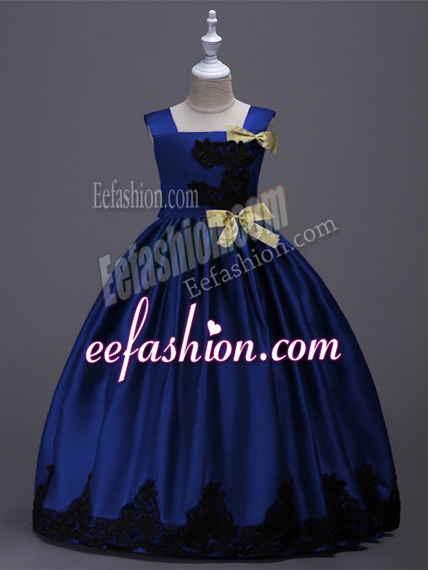 Most Popular Royal Blue Square Zipper Appliques and Bowknot Toddler Flower Girl Dress Sleeveless