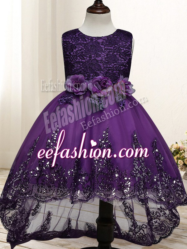 Traditional Dark Purple Flower Girl Dresses for Less Wedding Party with Lace and Appliques and Bowknot and Hand Made Flower Scoop Sleeveless Zipper