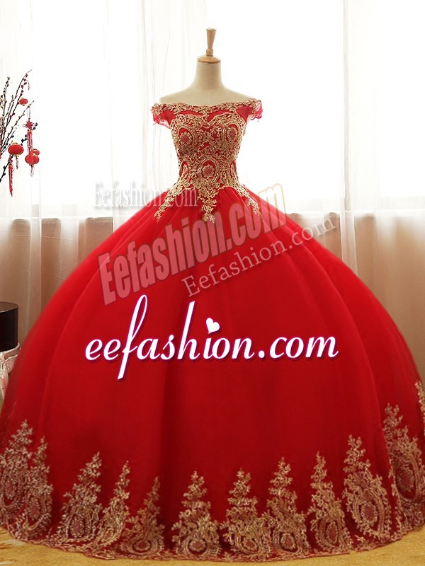 Red Lace Up 15 Quinceanera Dress Appliques Sleeveless Floor Length