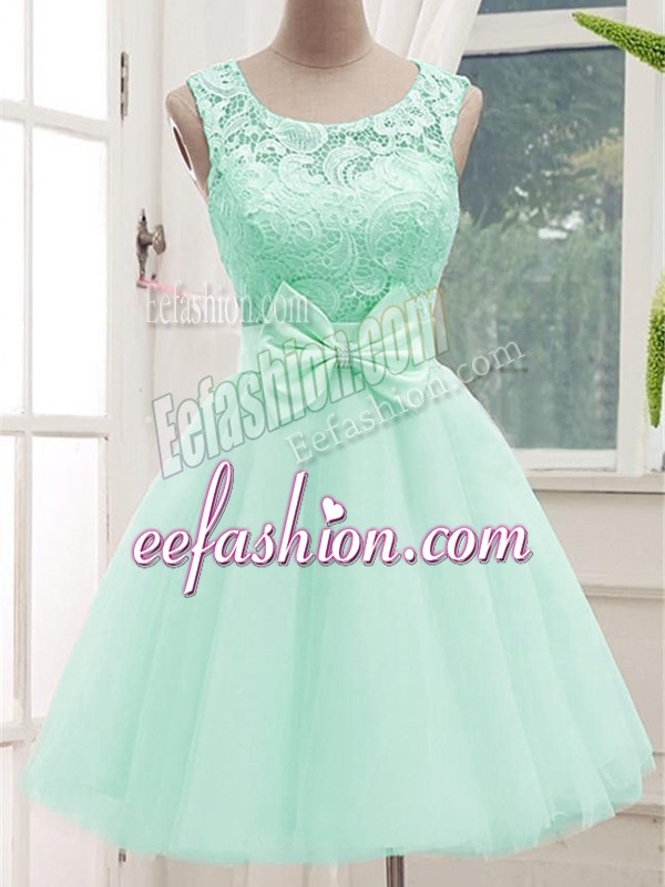 Fantastic Apple Green Tulle Lace Up Scoop Sleeveless Knee Length Bridesmaid Dress Lace and Bowknot