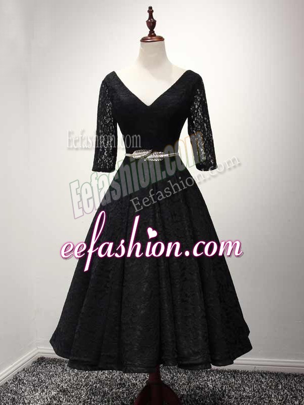 Chic Lace and Belt Prom Gown Black Lace Up Half Sleeves Ankle Length