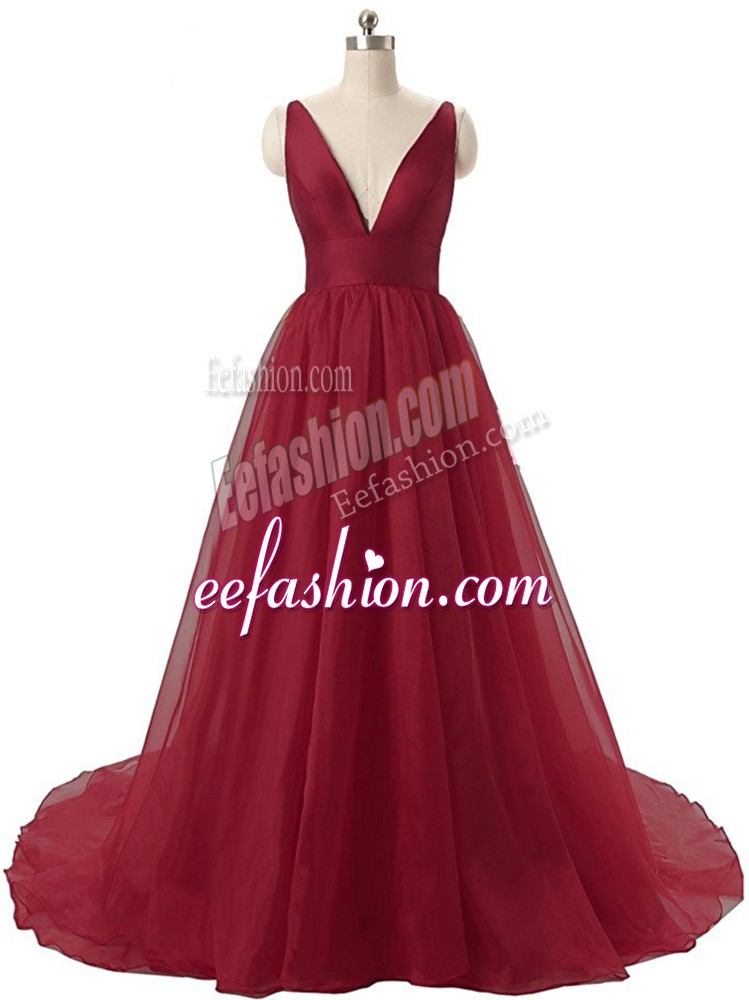 Super Burgundy Sleeveless Organza Brush Train Backless Prom Evening Gown for Prom and Party and Military Ball and Beach