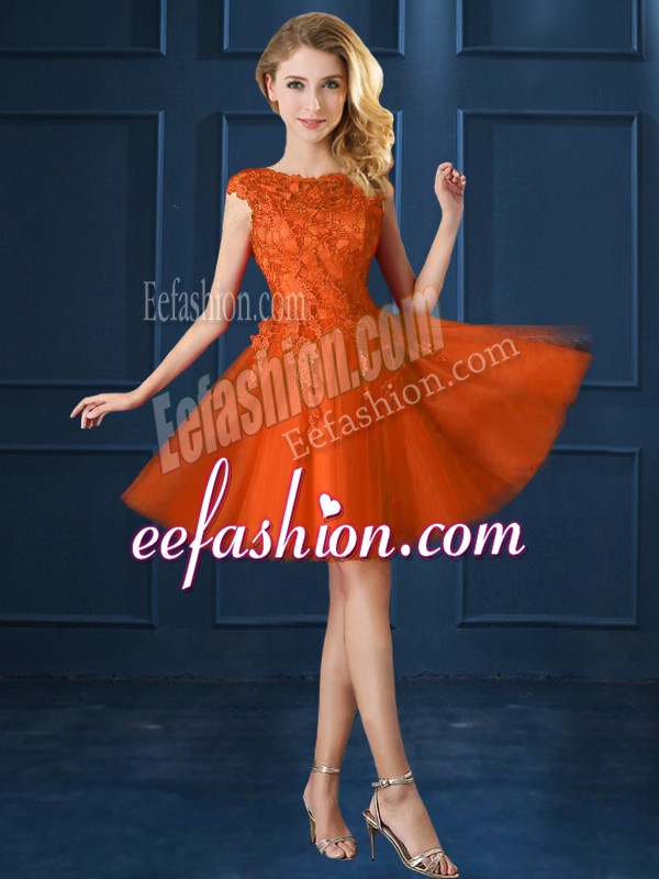 Custom Made Knee Length Orange Red Court Dresses for Sweet 16 Bateau Cap Sleeves Lace Up