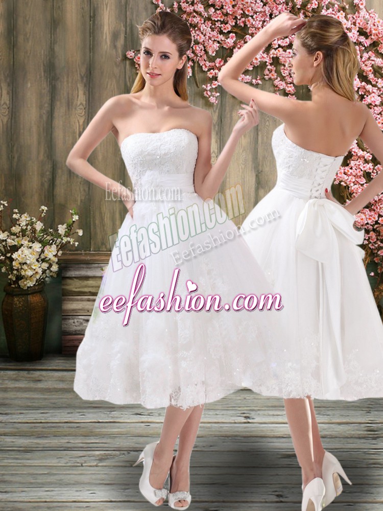 Custom Fit A-line Wedding Gown White Sweetheart Organza Sleeveless Tea Length Lace Up