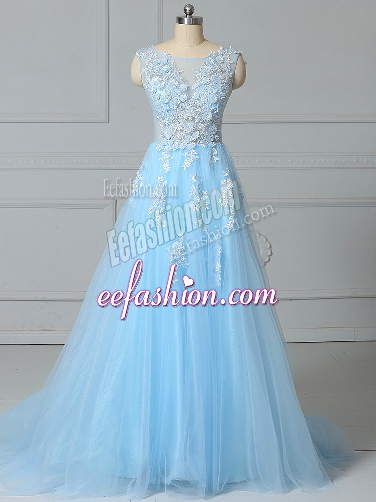 Smart Baby Blue Empire Scoop Sleeveless Tulle Brush Train Lace Up Lace Prom Dresses