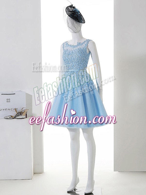 Simple A-line Court Dresses for Sweet 16 Baby Blue Scoop Tulle Sleeveless Mini Length Zipper