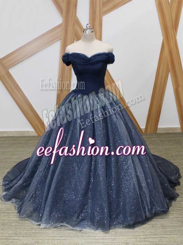 Traditional Navy Blue Lace Up Military Ball Gown Ruching Sleeveless Brush Train